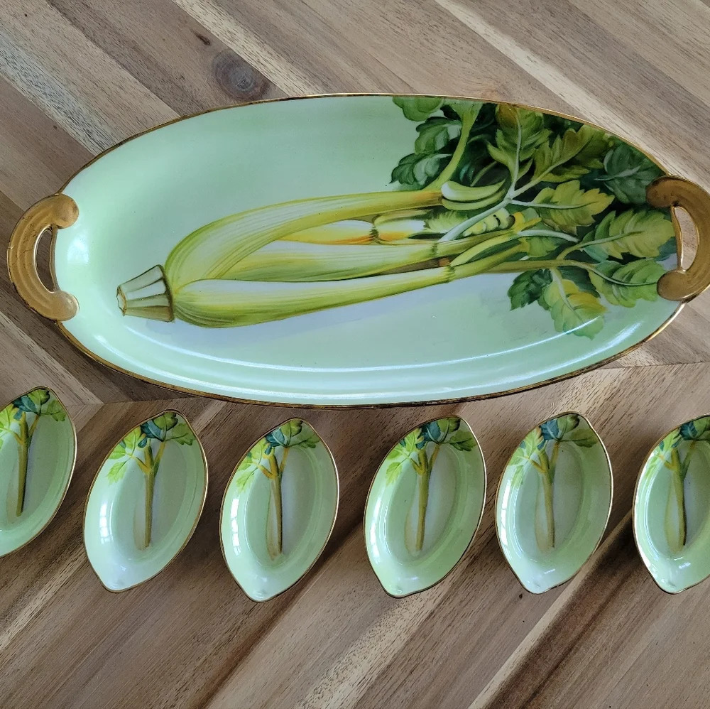 Vintage Retro Handpainted Serving Celery Plate Set + Salt Dips Nippon Gold Trim